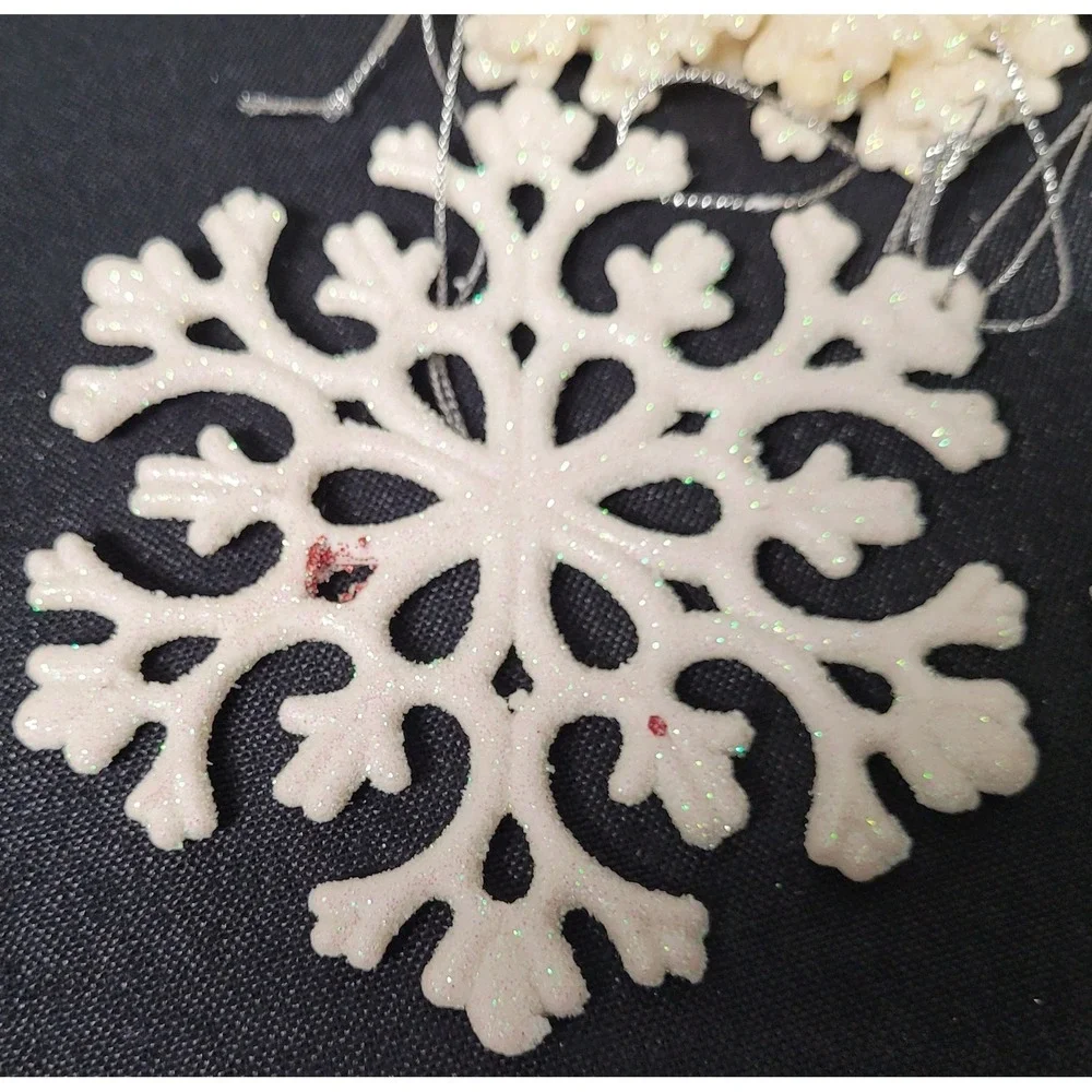 White, Glittery Snowflake Christmas Ornament Plastic (Lot of 7)